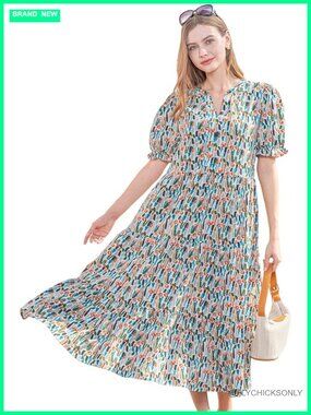 Casual V Neck Puff Short Sleeve Flowy Tiered Maxi Dress Boho Print